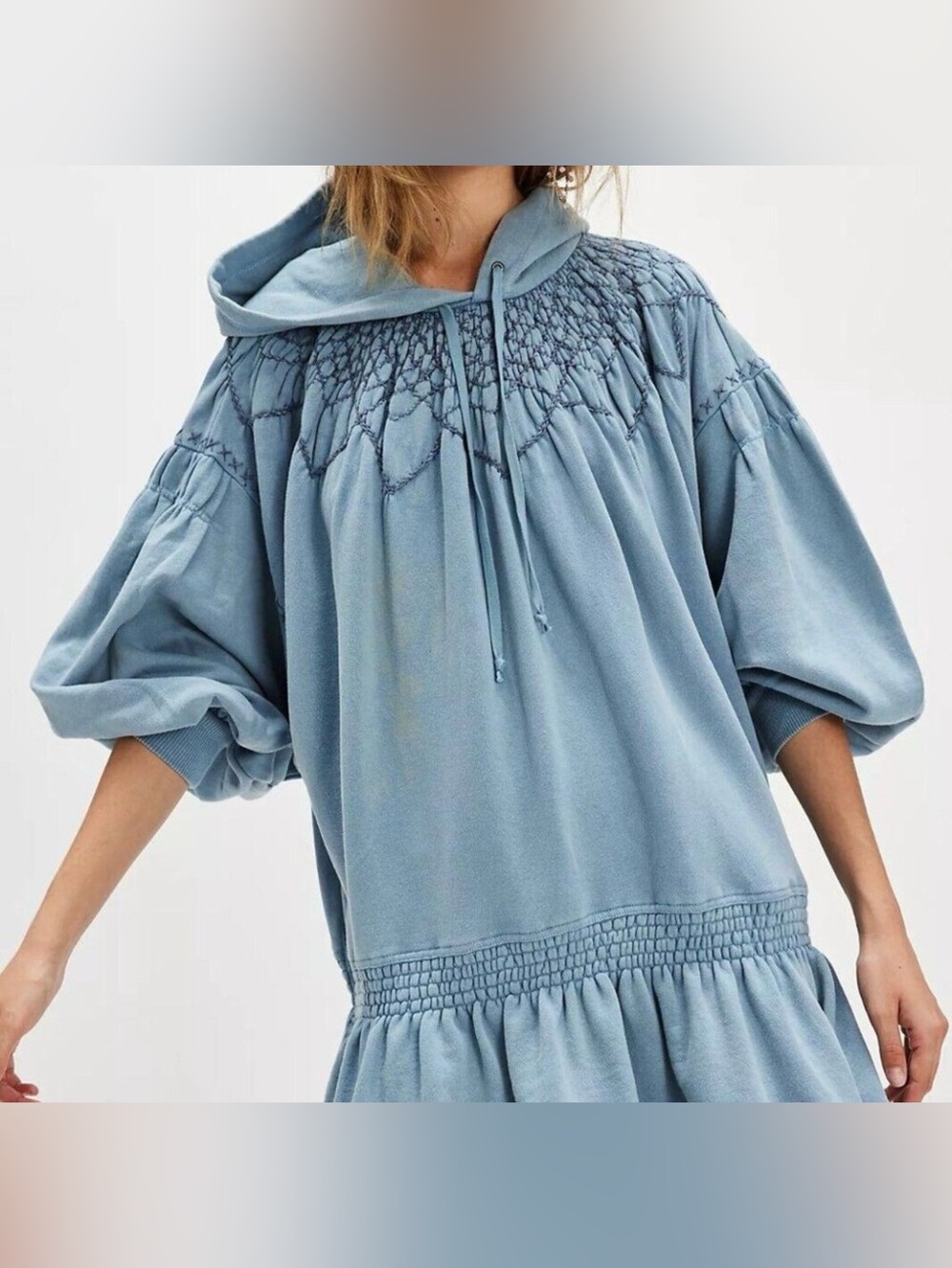 New Free People XS Marty Smocked Mini Sweatshirt Dress Hoodie Blue NWOT $198 - Picture 2 of 8